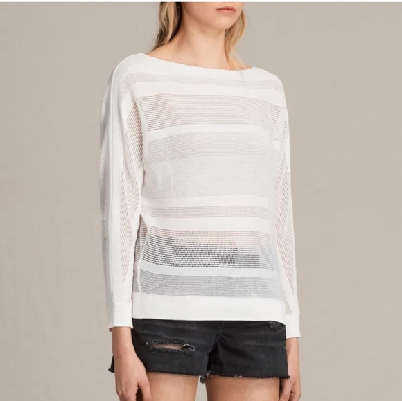AllSaints Springs Slash Jumper Chalk Dolman Long Sleeve Sheer Cutout Sweater L - Picture 1 of 12